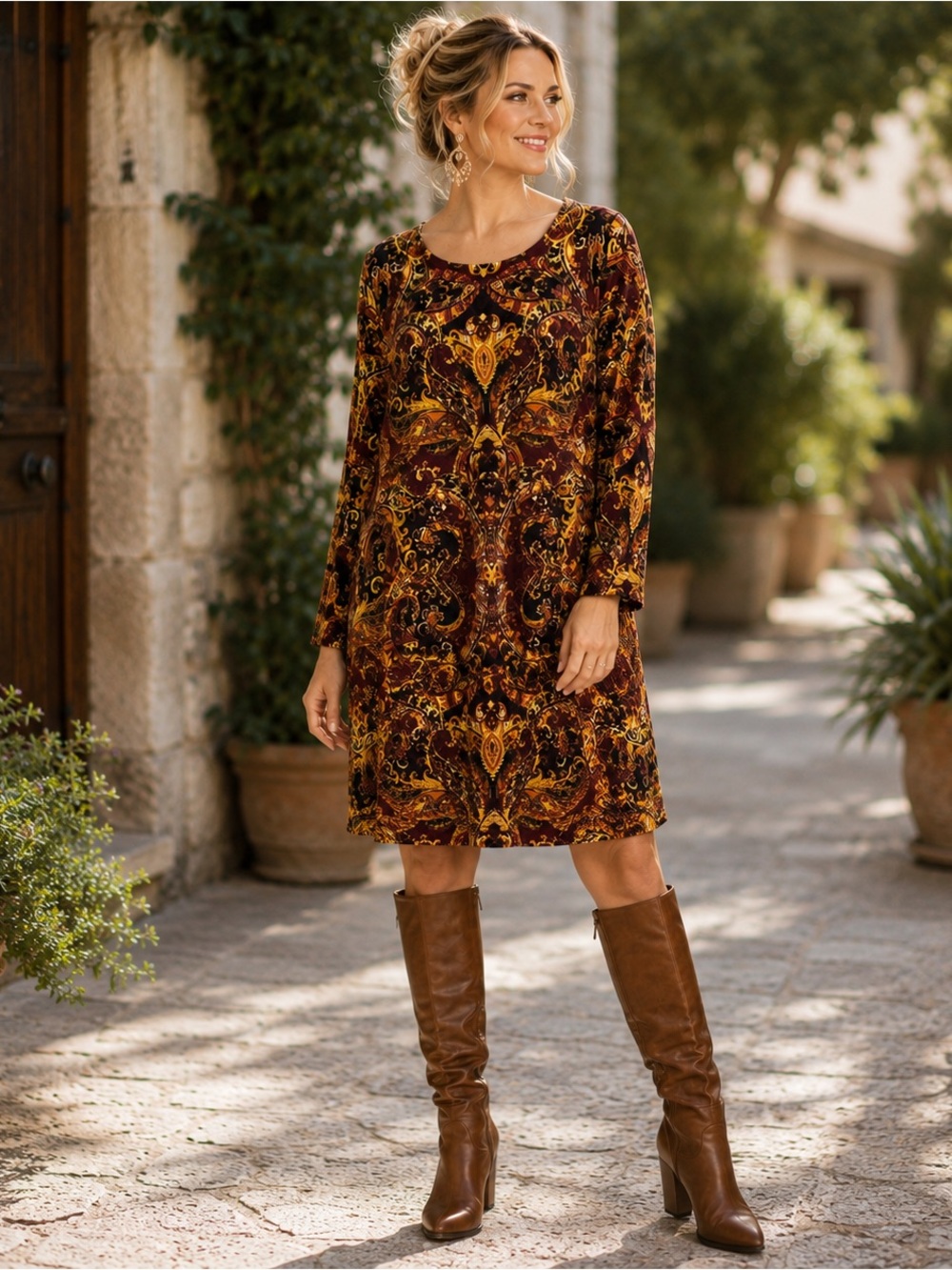 J. Jill Velvet Paisley Shift Dress in Burgundy and Gold